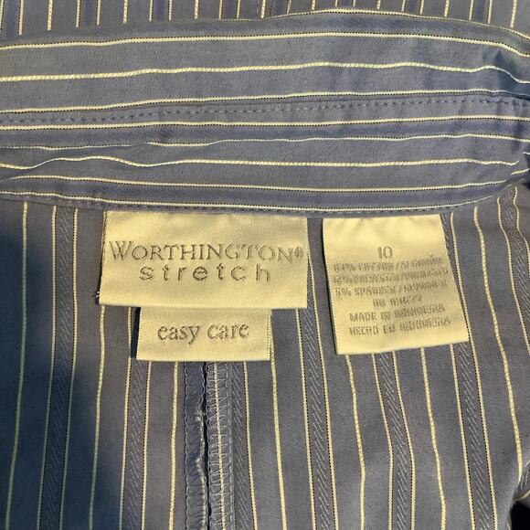Worthington Stretch Easy Care Blue White Striped Button Down Top 10 - Picture 5 of 6
